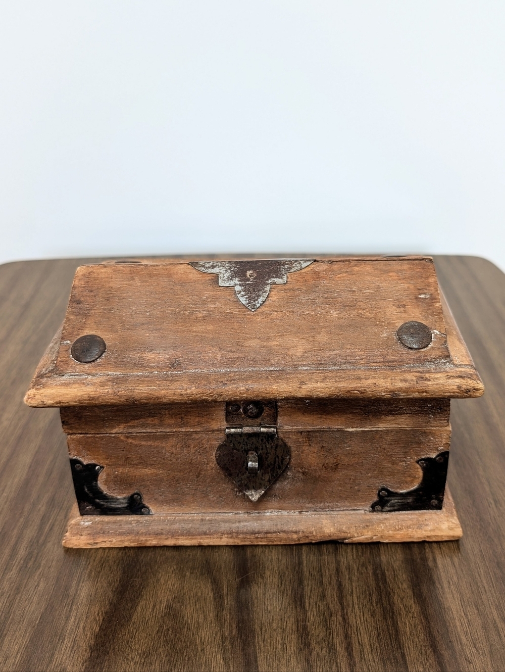Vintage Rustic Weathered Wooden Trinket Or Jewelry Box with Metal Accents